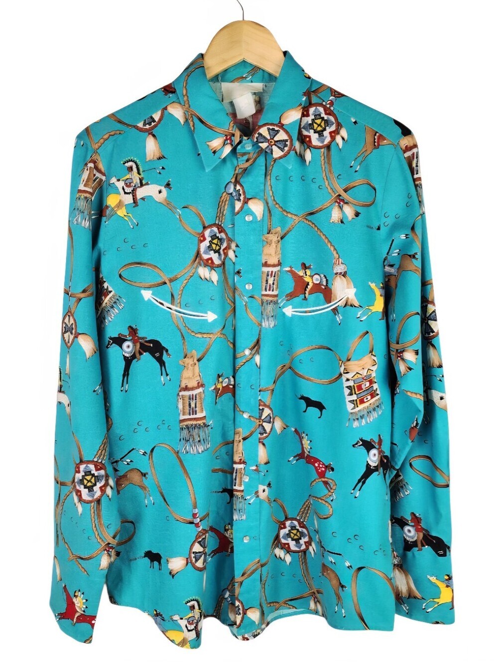 Vintage Western Pearl Snap Shirt Rodeo Horses Turquoise Size XL